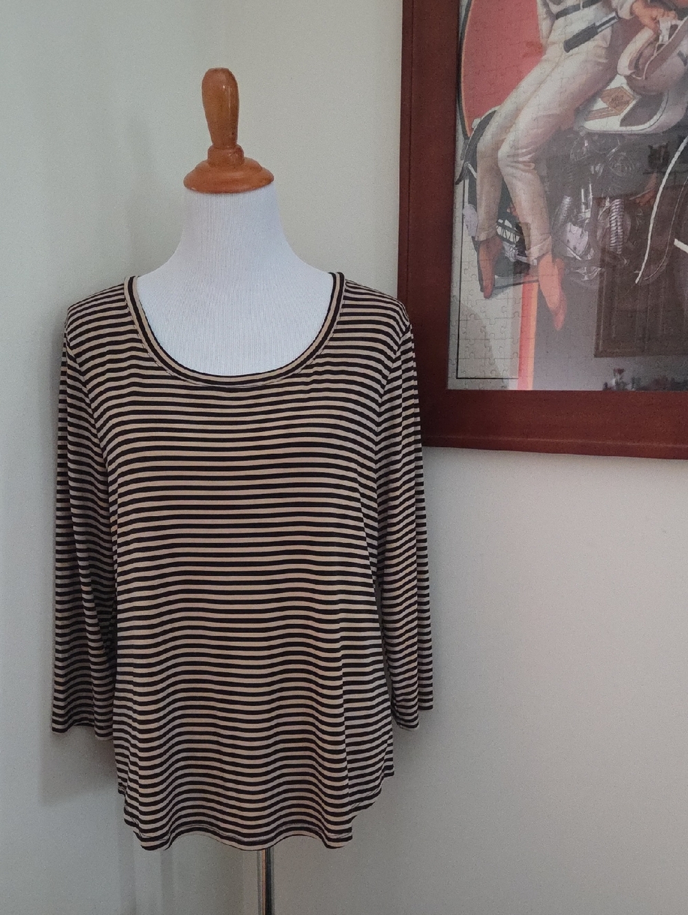 Chico's Black and Cream Striped Long Sleeve Scoop Neck Top